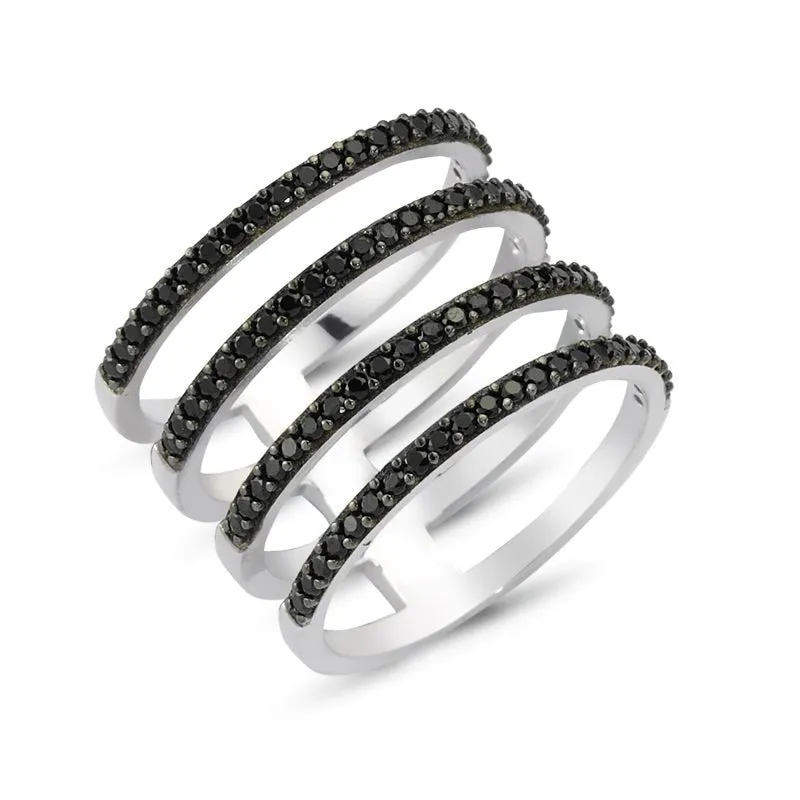 Handmade Black CZ Multi Band Stacked Ring in Sterling Silver with Gold or Rhodium Plating - 0.75 inches in length.