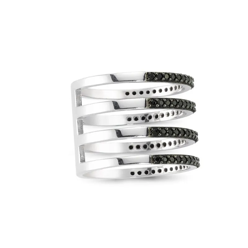 Handmade Black CZ Multi Band Stacked Ring in Sterling Silver with Gold or Rhodium Plating - 0.75 inches in length.