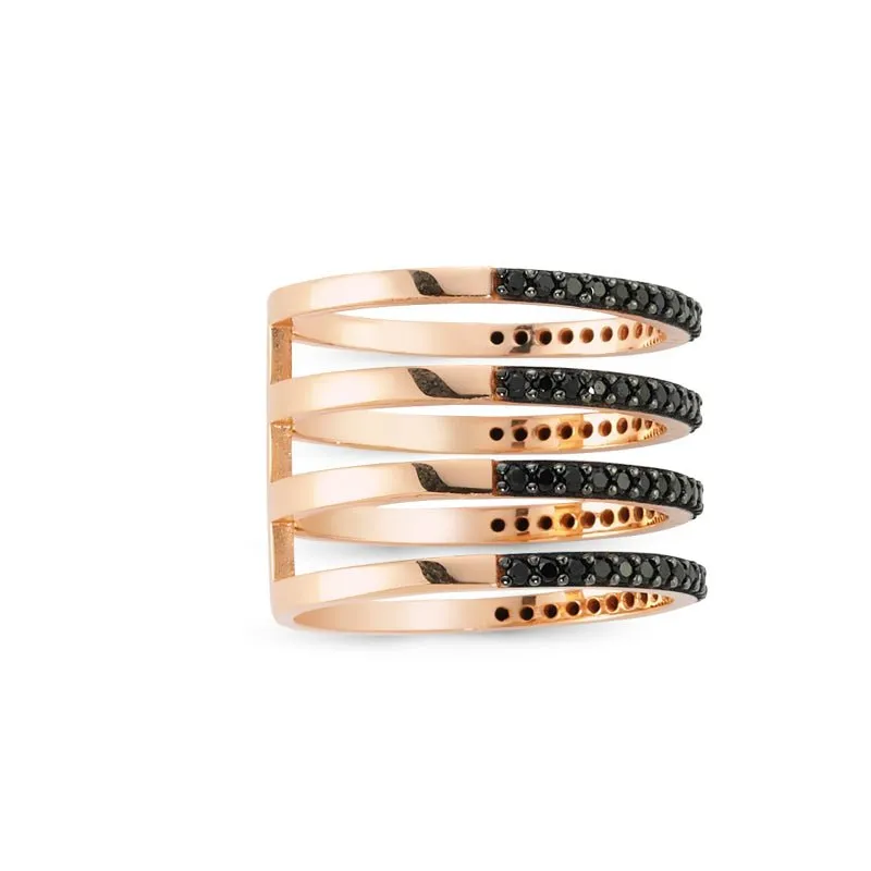 Handmade Black CZ Multi Band Stacked Ring in Sterling Silver with Gold or Rhodium Plating - 0.75 inches in length.