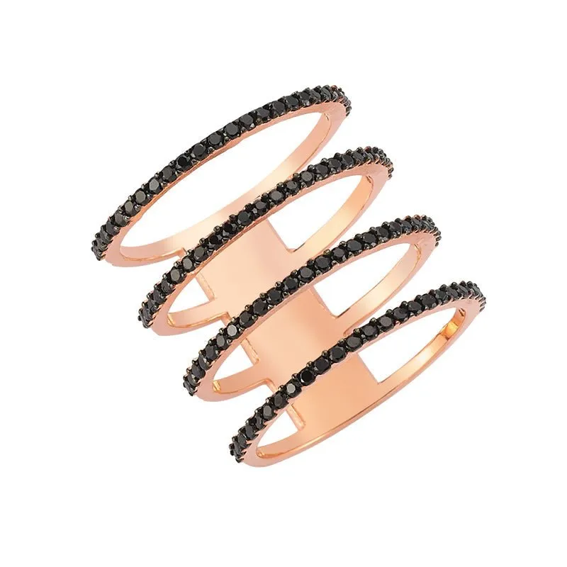 Handmade Black CZ Multi Band Stacked Ring in Sterling Silver with Gold or Rhodium Plating - 0.75 inches in length.