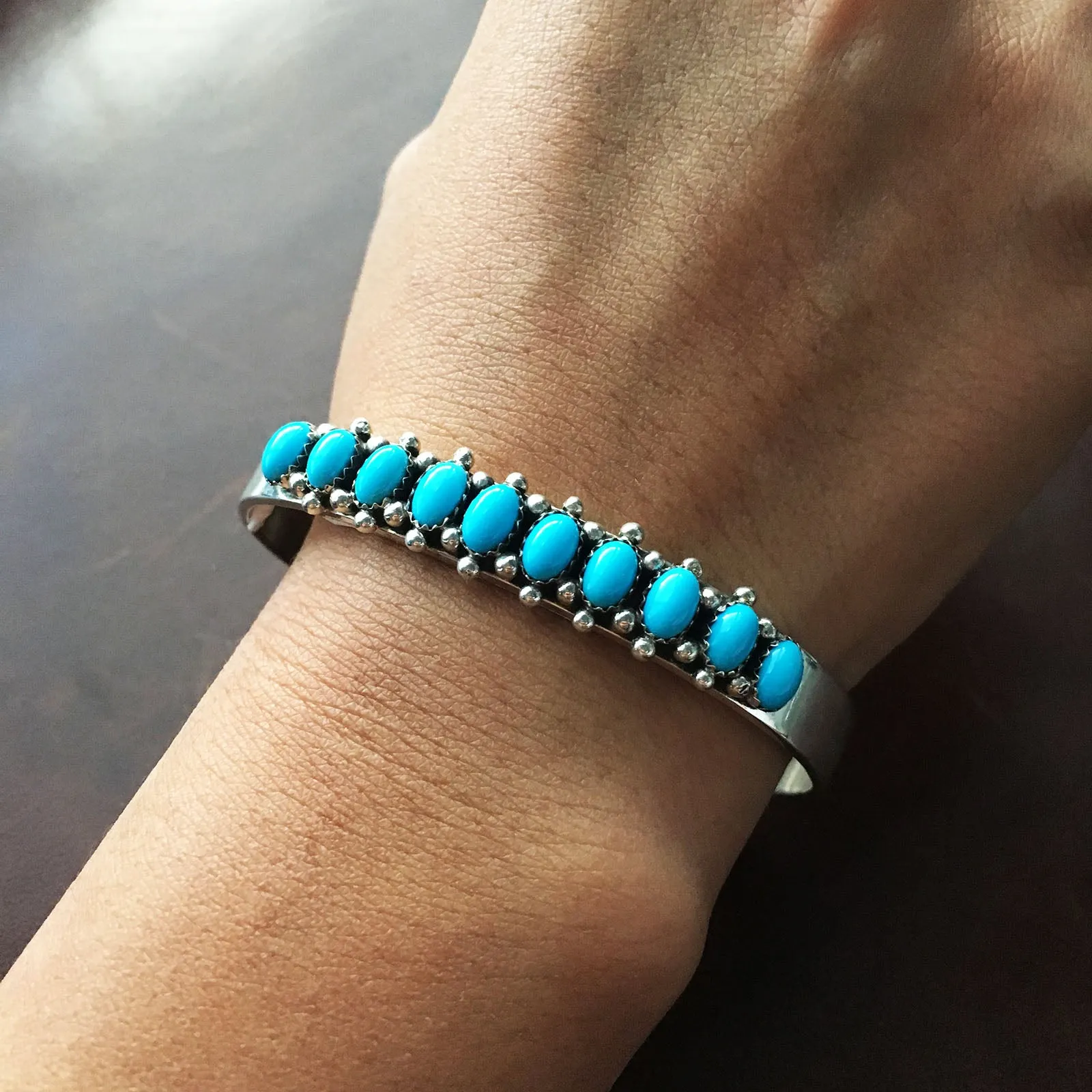 Handmade Mini Cluster Sleeping Beauty Turquoise Sterling Silver Bangle Bracelet