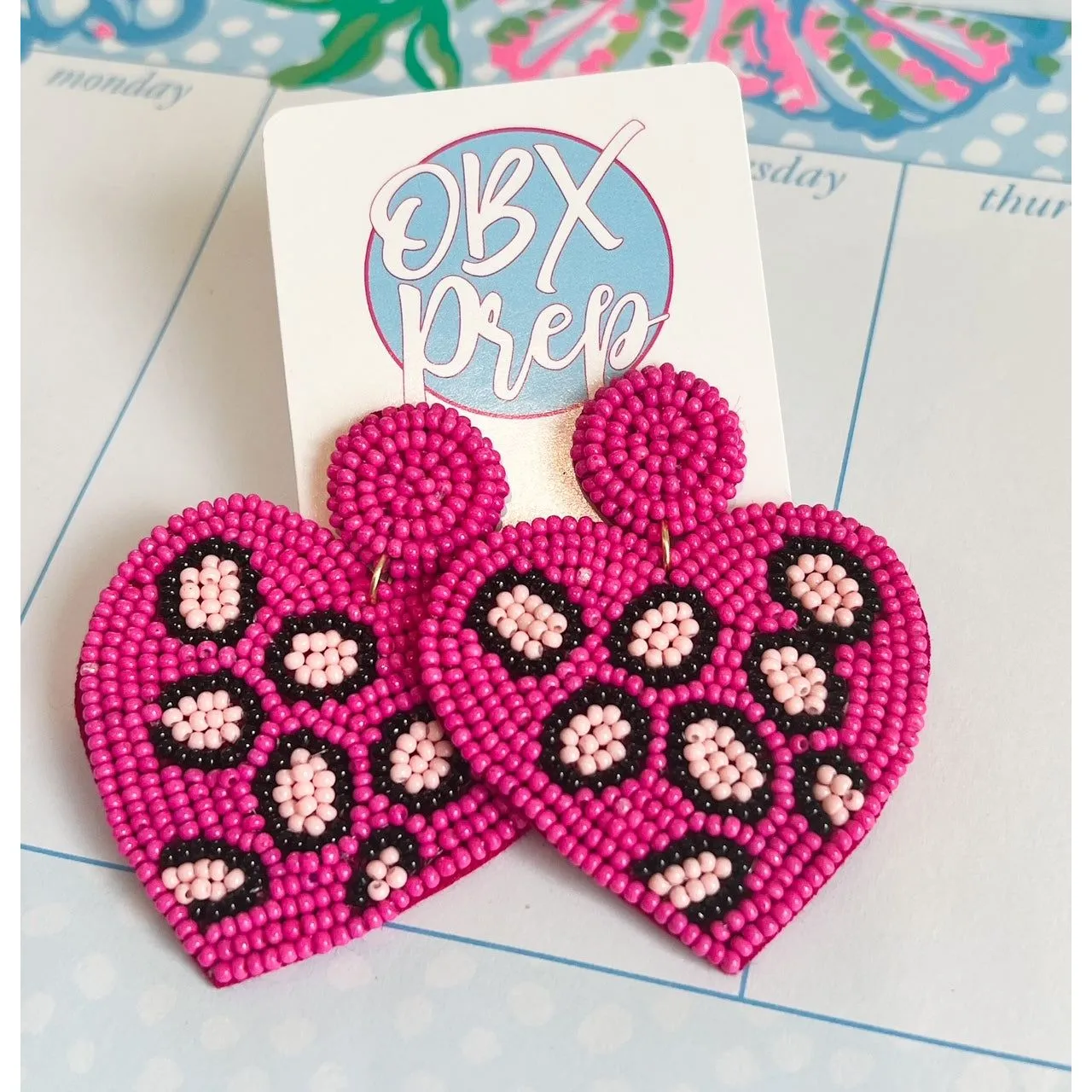Heart Leopard Seed Beaded Drop Earrings