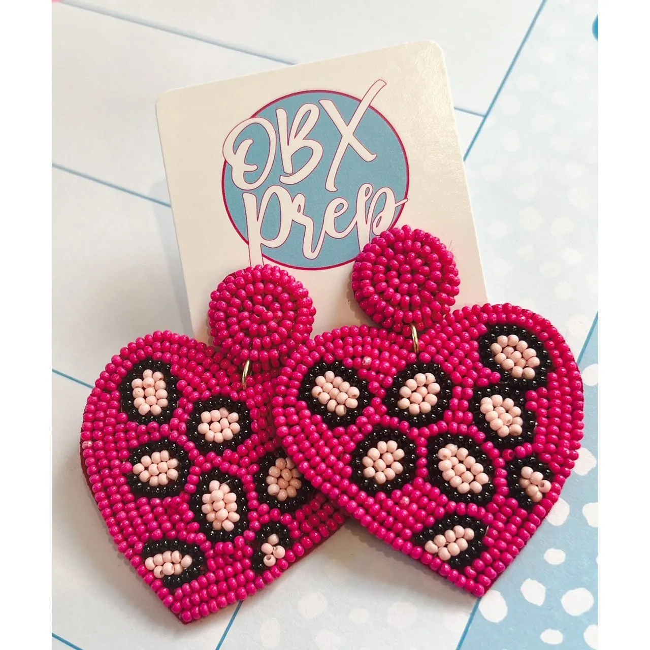 Heart Leopard Seed Beaded Drop Earrings