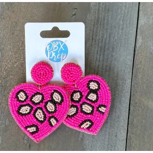 Heart Leopard Seed Beaded Drop Earrings
