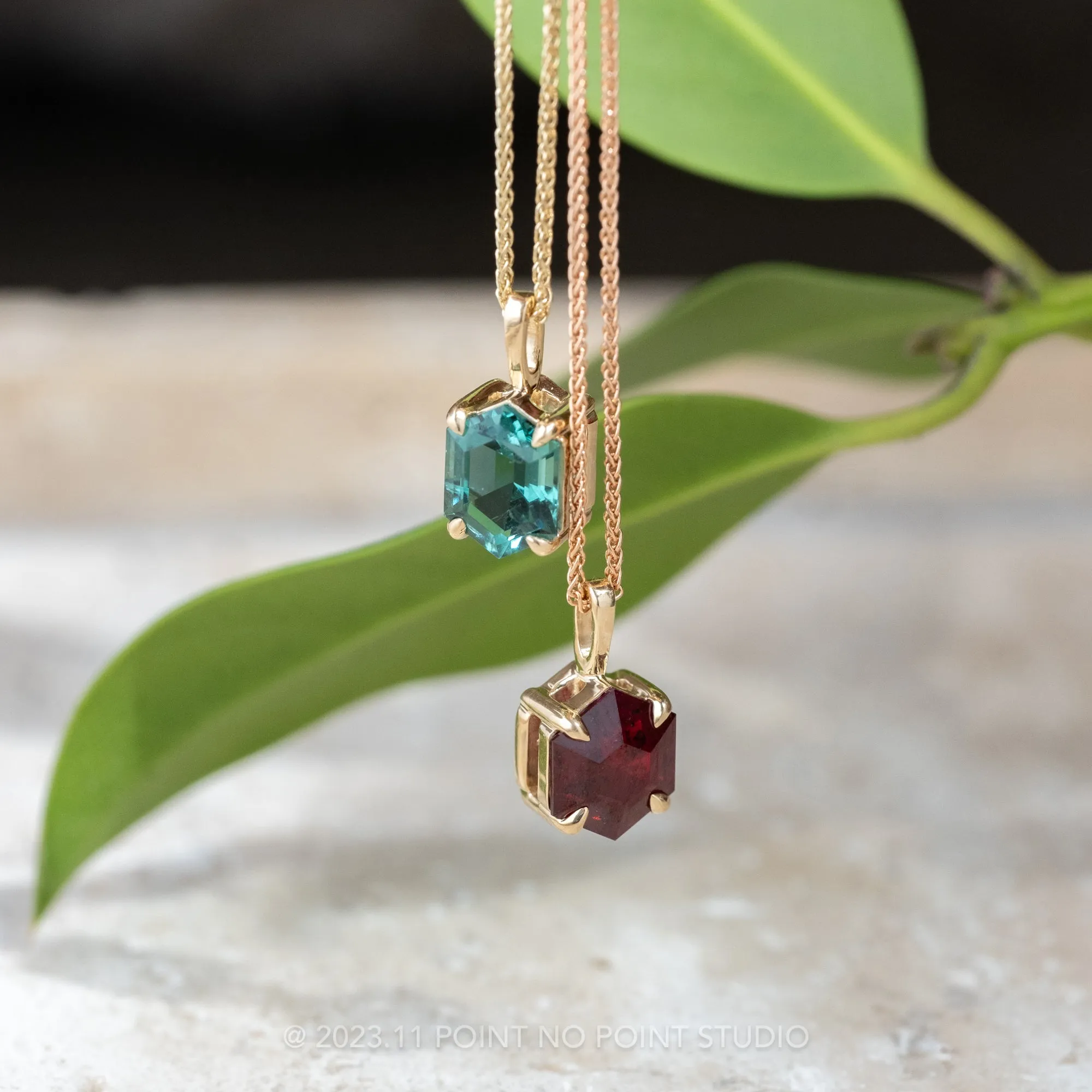 Hexagon Ruby Necklace, 14k Yellow Gold