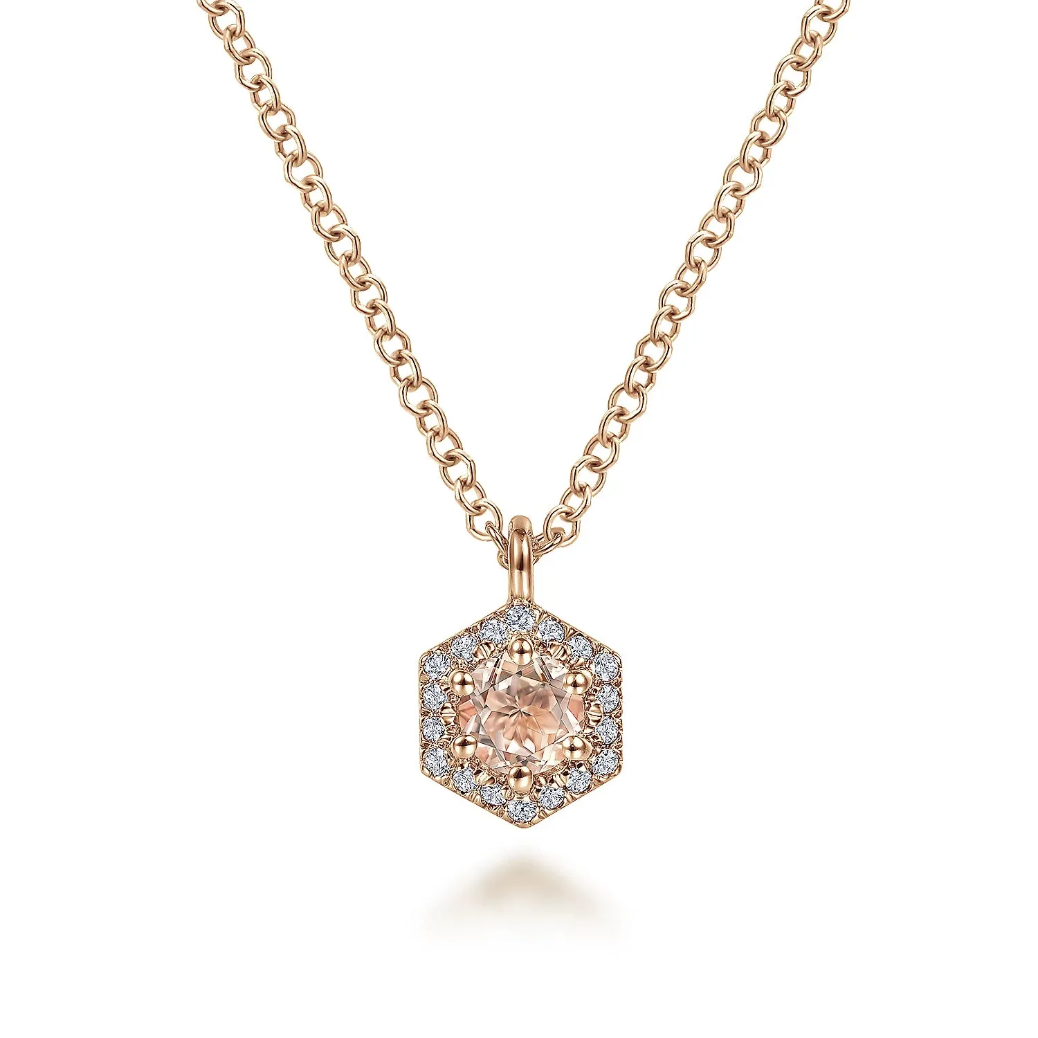 Hexagonal Halo Morganite and Diamond Pendant Necklace