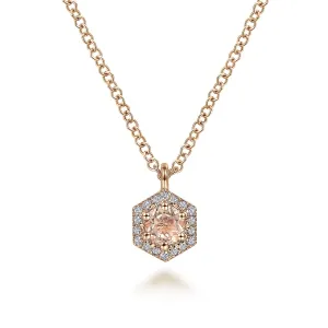 Hexagonal Halo Morganite and Diamond Pendant Necklace