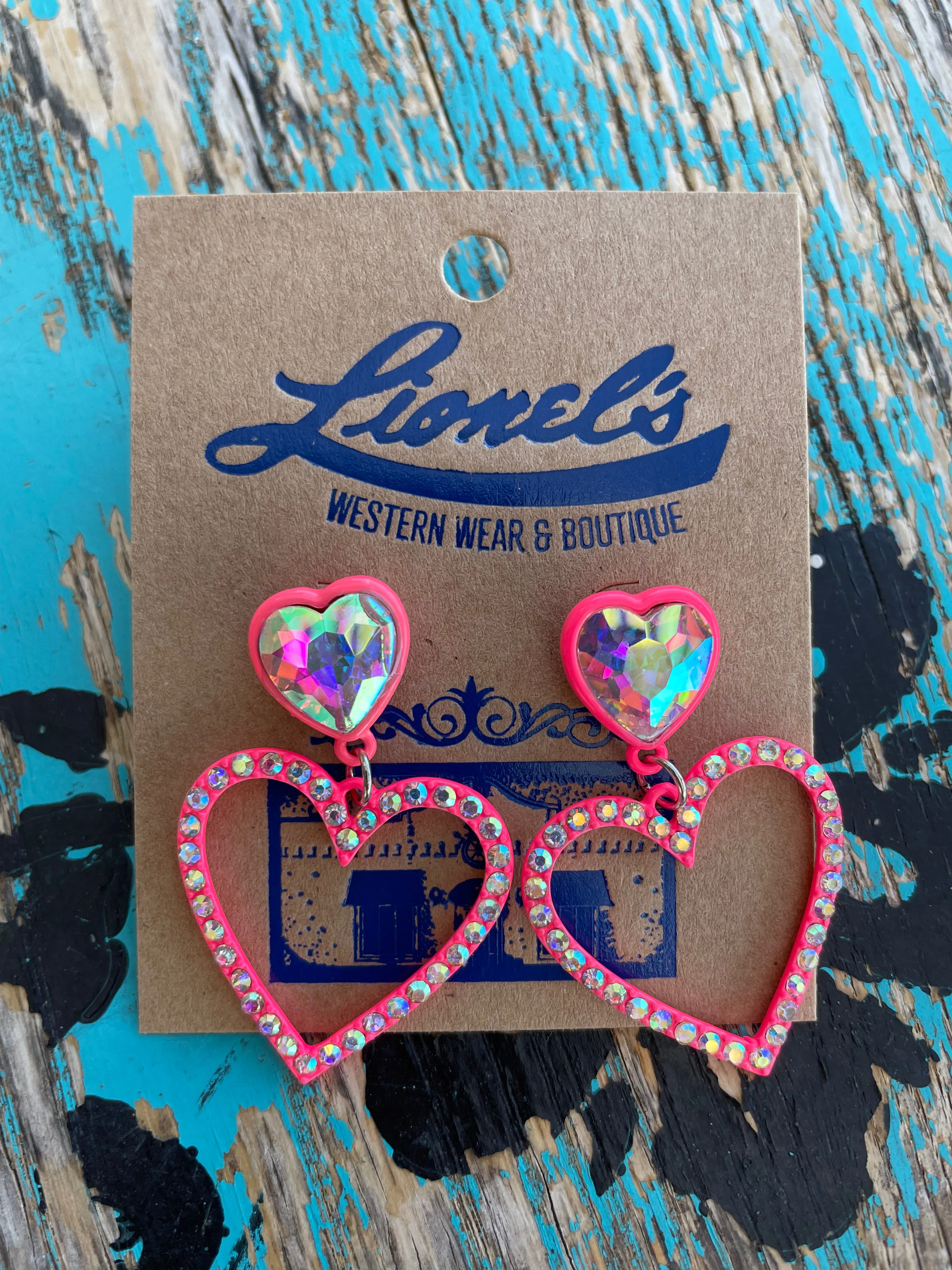 Hollow Bright Pink Heart Crystal Earrings
