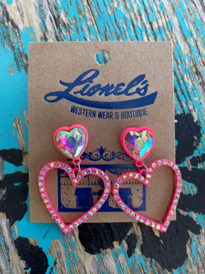 Hollow Bright Pink Heart Crystal Earrings