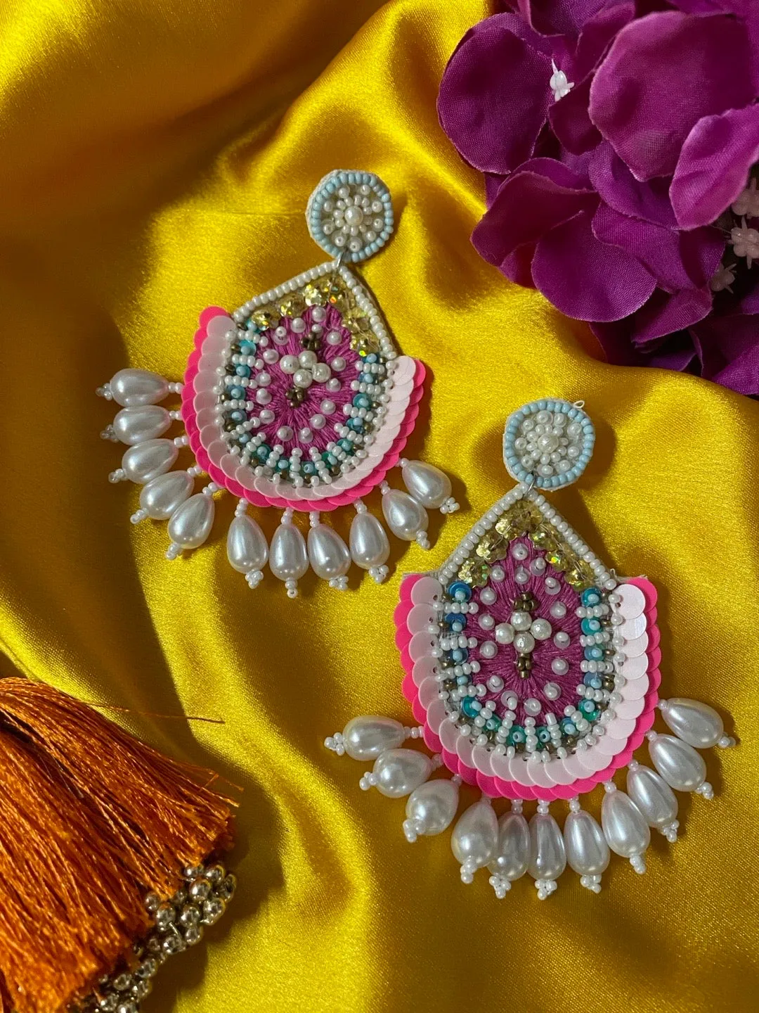 Hot Pink Beaded Drop Earring With Pearls