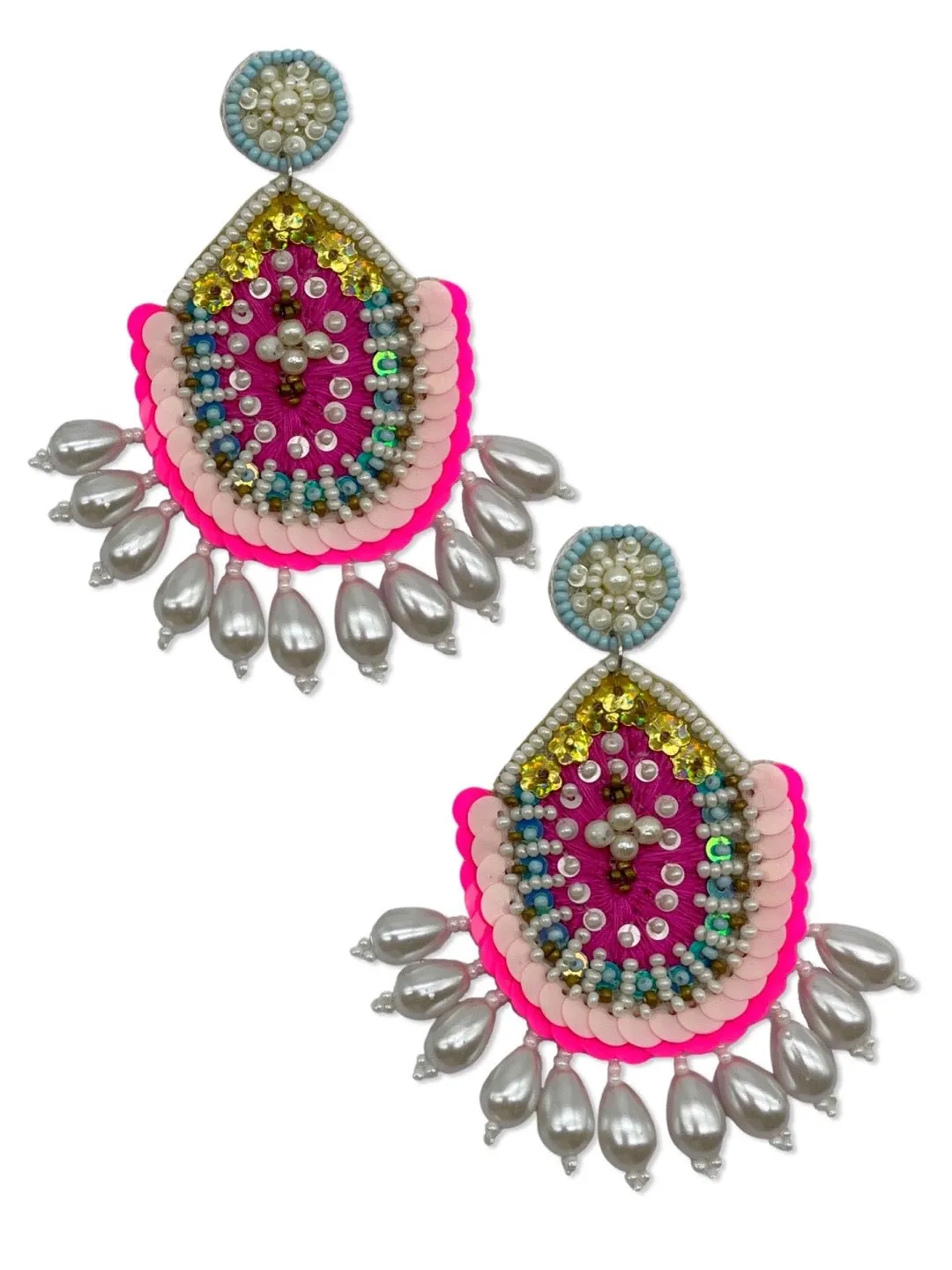 Hot Pink Beaded Drop Earring With Pearls