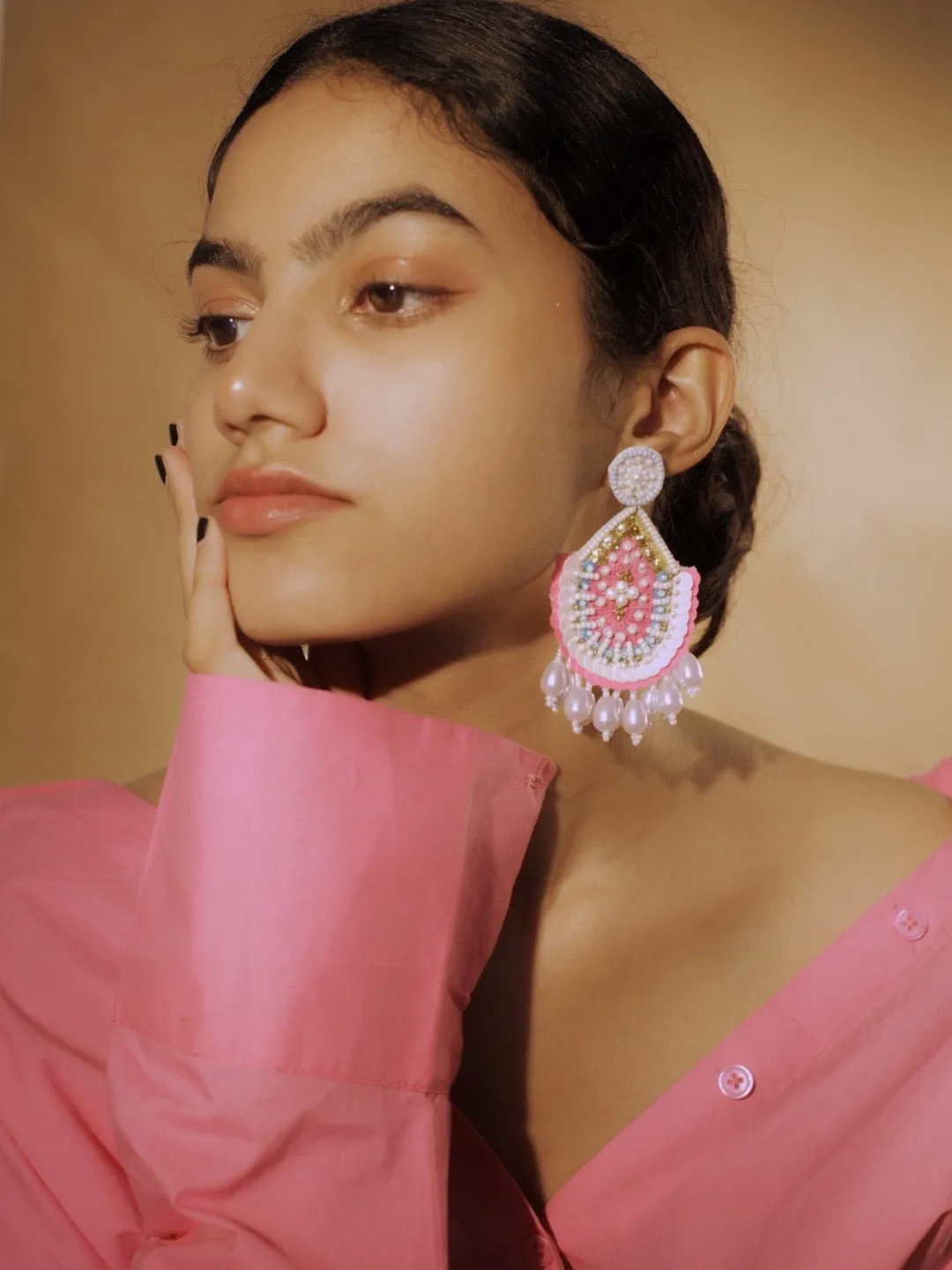 Hot Pink Beaded Drop Earring With Pearls