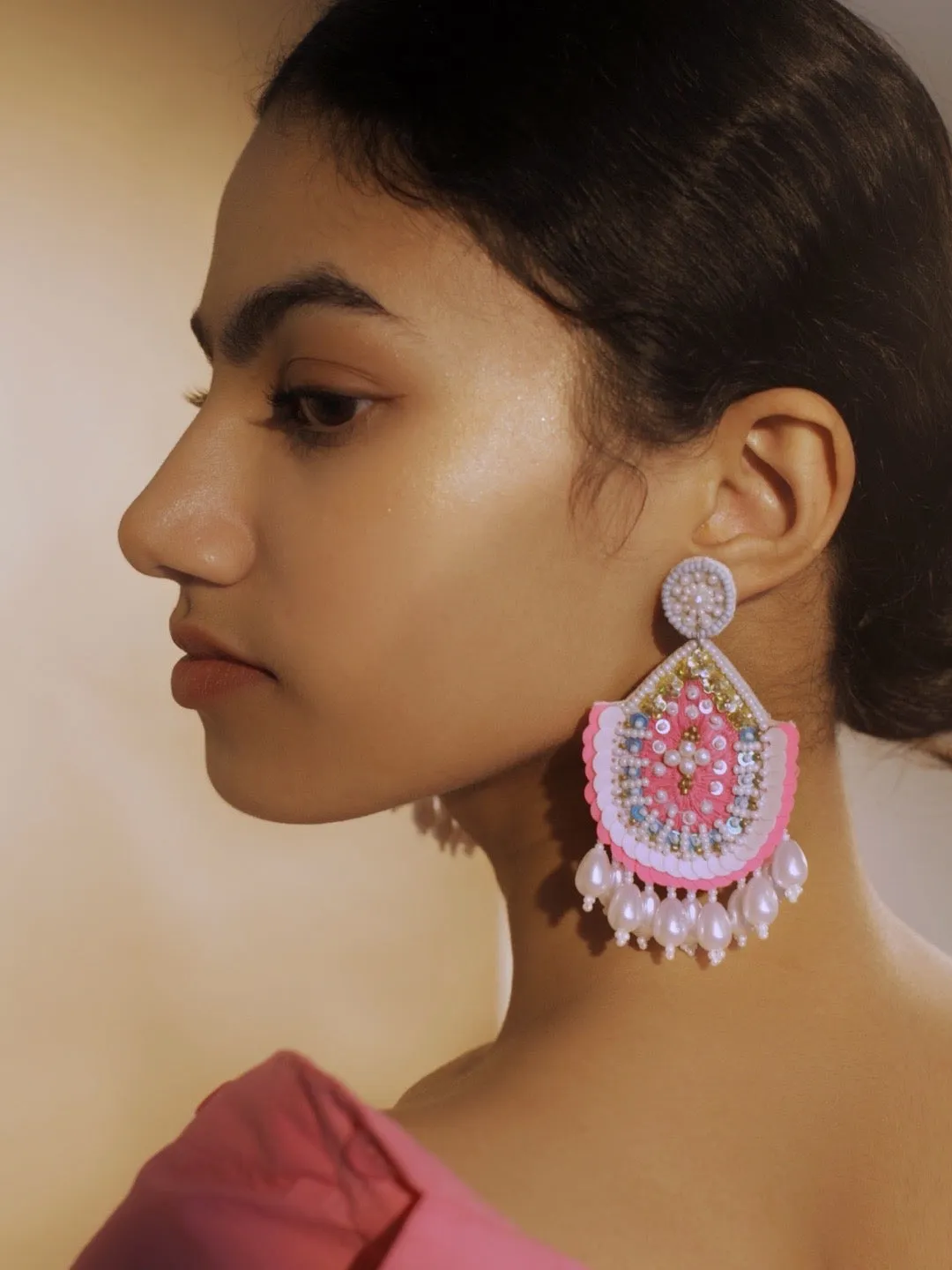 Hot Pink Beaded Drop Earring With Pearls