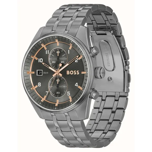 Hugo Boss Skytraveller Grey Stainless Steel Grey Dial Chronograph Quartz Watch for Gents - Boss 1514153