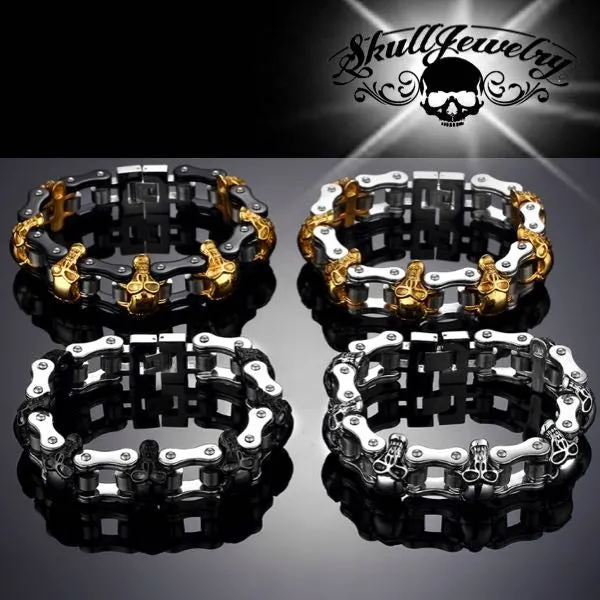 It's Only Rock 'n Roll - Big, Bold & Thick Stainless Steel Skulls Bracelet (4 colors to choose from)