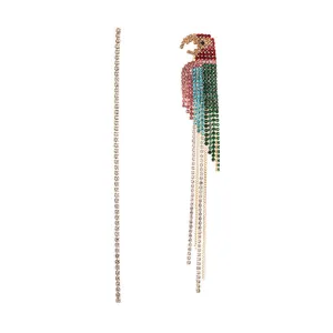 Jewelblings Glitter Extra Long Small Colored Stones Parrot Tassel Dissymmetry Earrings Creative Bird Jewelry