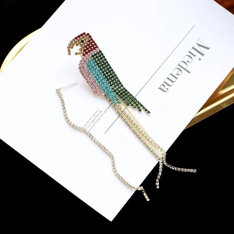 Jewelblings Glitter Extra Long Small Colored Stones Parrot Tassel Dissymmetry Earrings Creative Bird Jewelry