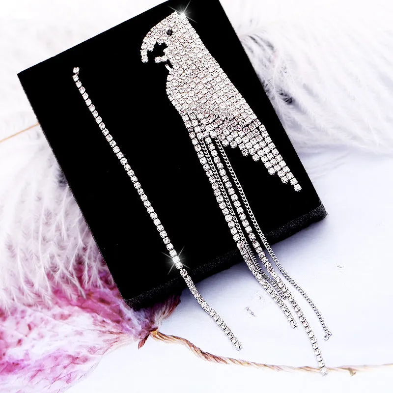 Jewelblings Glitter Extra Long Small Colored Stones Parrot Tassel Dissymmetry Earrings Creative Bird Jewelry
