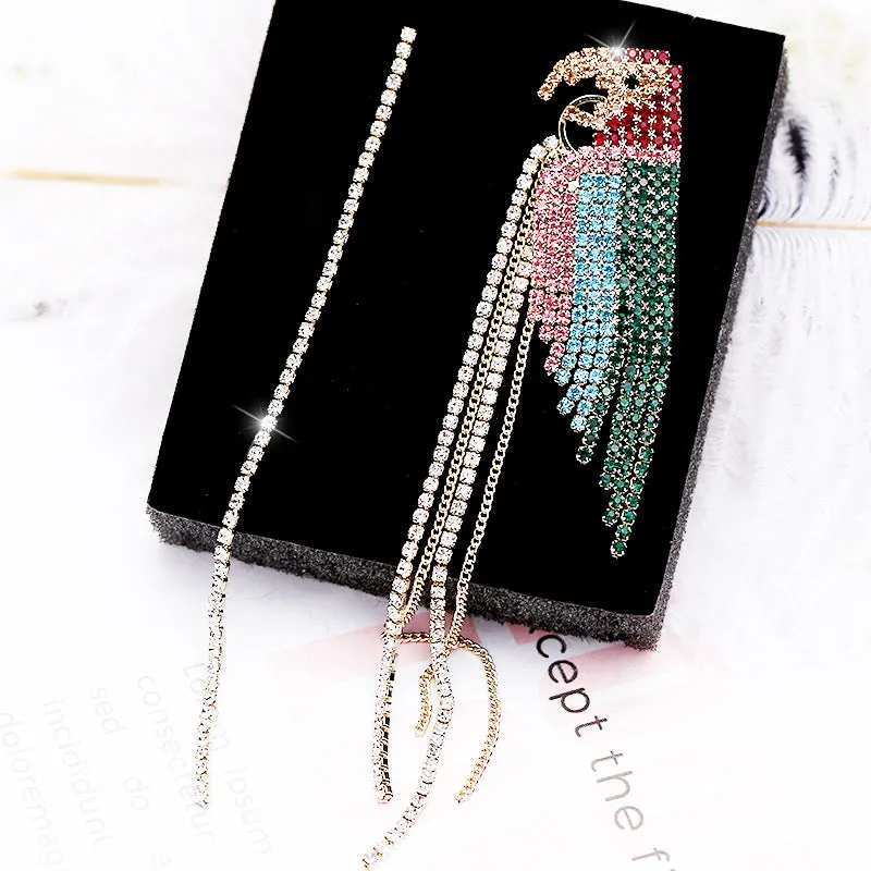 Jewelblings Glitter Extra Long Small Colored Stones Parrot Tassel Dissymmetry Earrings Creative Bird Jewelry