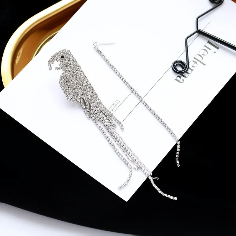 Jewelblings Glitter Extra Long Small Colored Stones Parrot Tassel Dissymmetry Earrings Creative Bird Jewelry