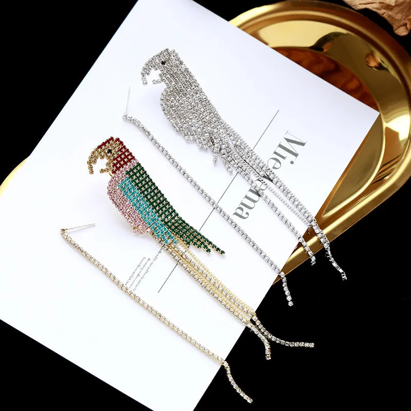 Jewelblings Glitter Extra Long Small Colored Stones Parrot Tassel Dissymmetry Earrings Creative Bird Jewelry