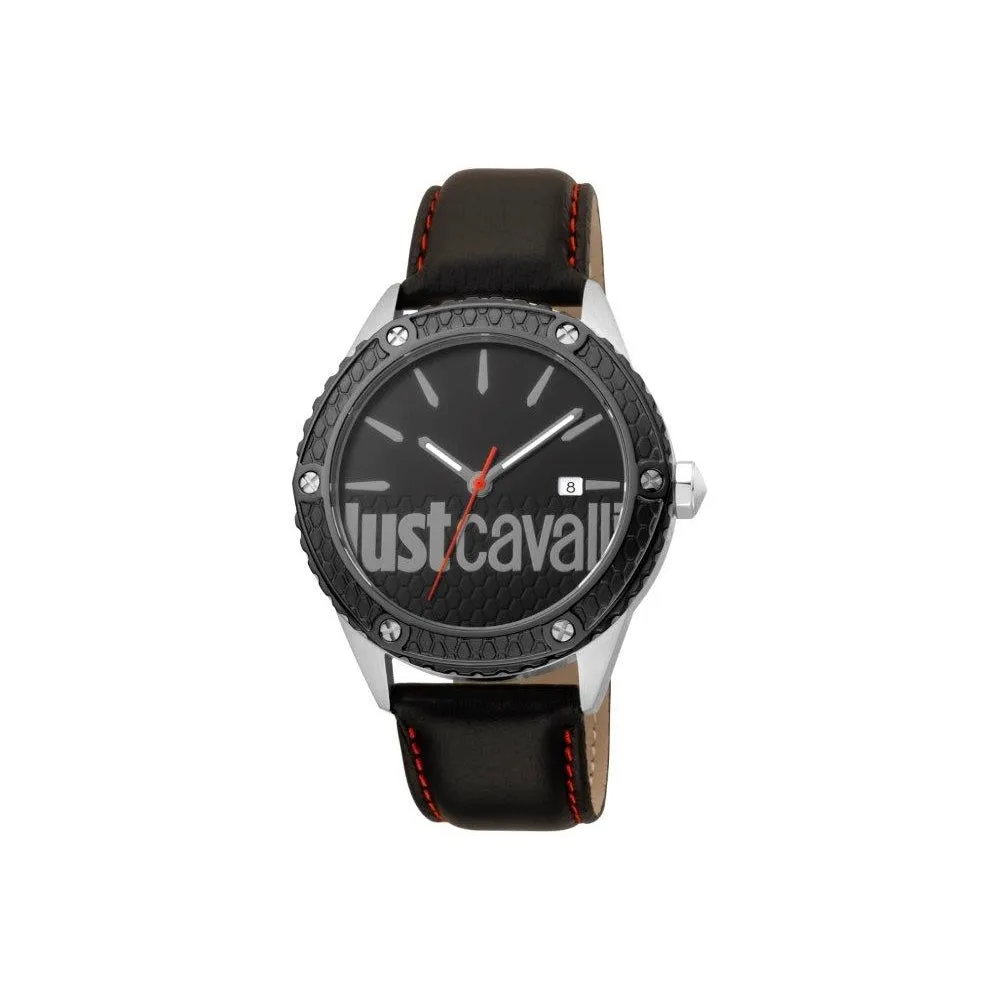 Just Cavalli Men'S Watch With Black Dial & Black Leather Strap