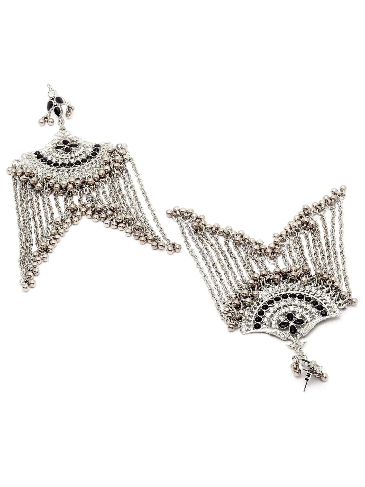 Karatcart Oxidised Silver Black Kundan Chandbali Earrings with Tasselsfor Women