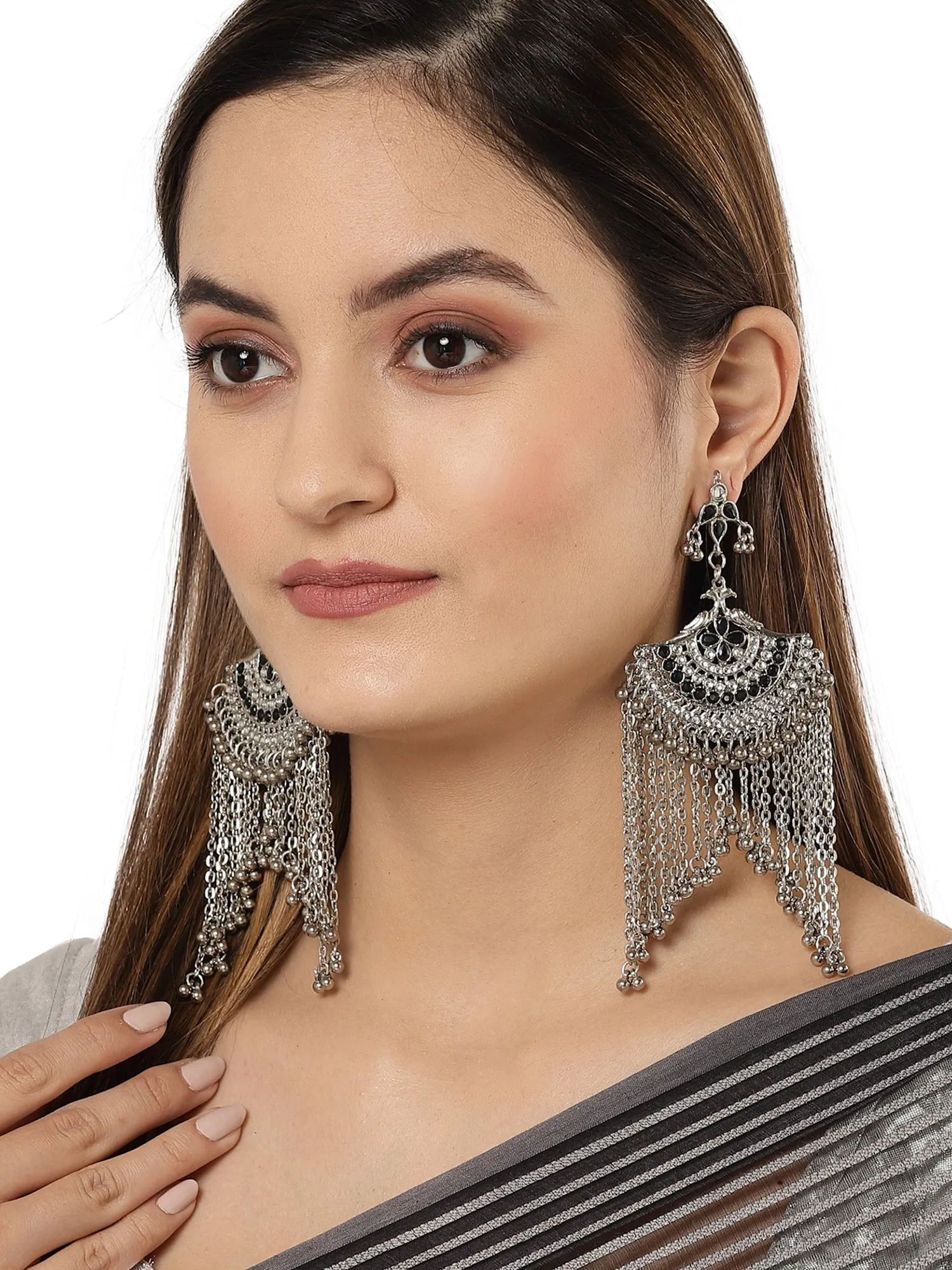 Karatcart Oxidised Silver Black Kundan Chandbali Earrings with Tasselsfor Women