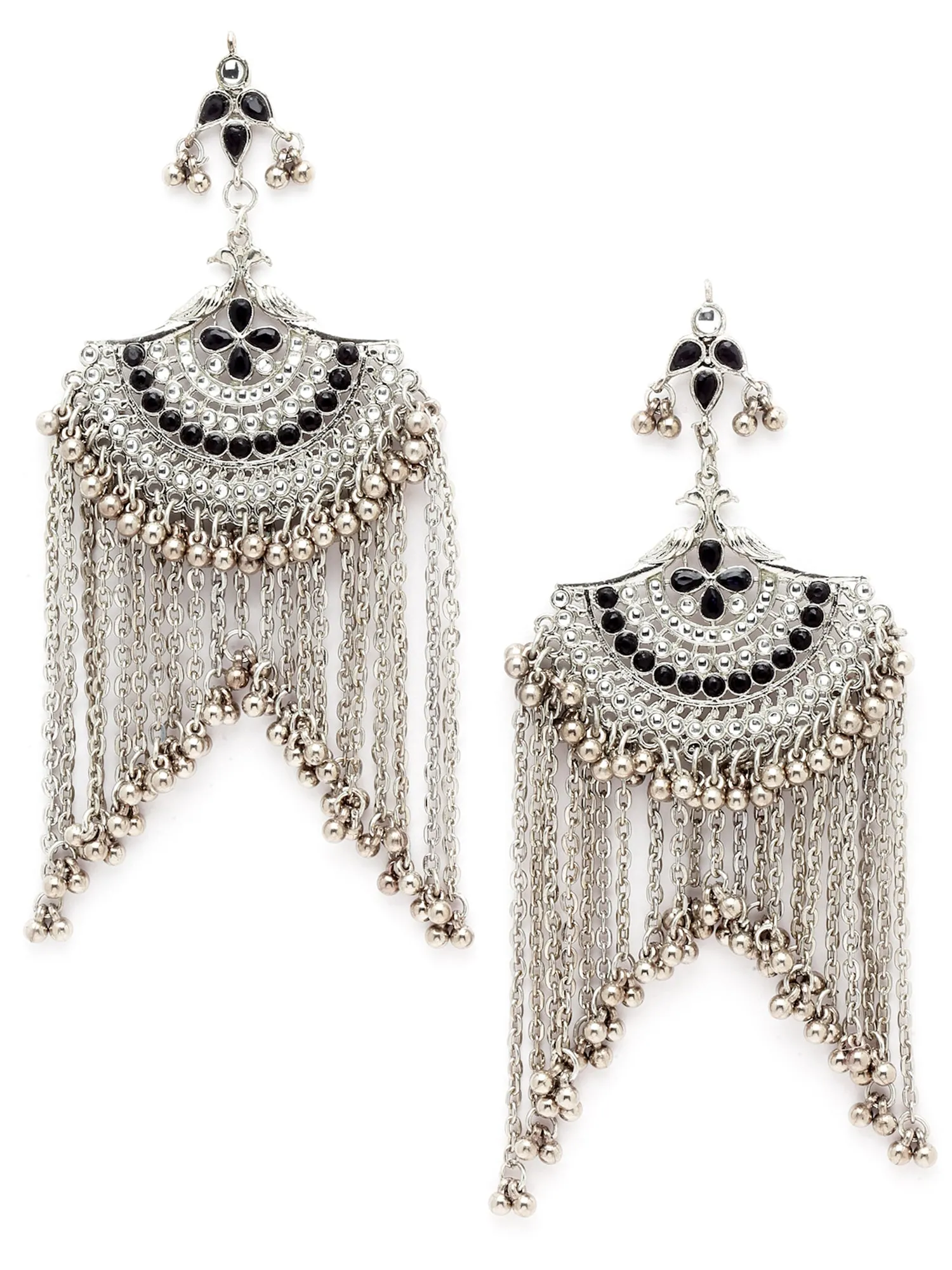 Karatcart Oxidised Silver Black Kundan Chandbali Earrings with Tasselsfor Women