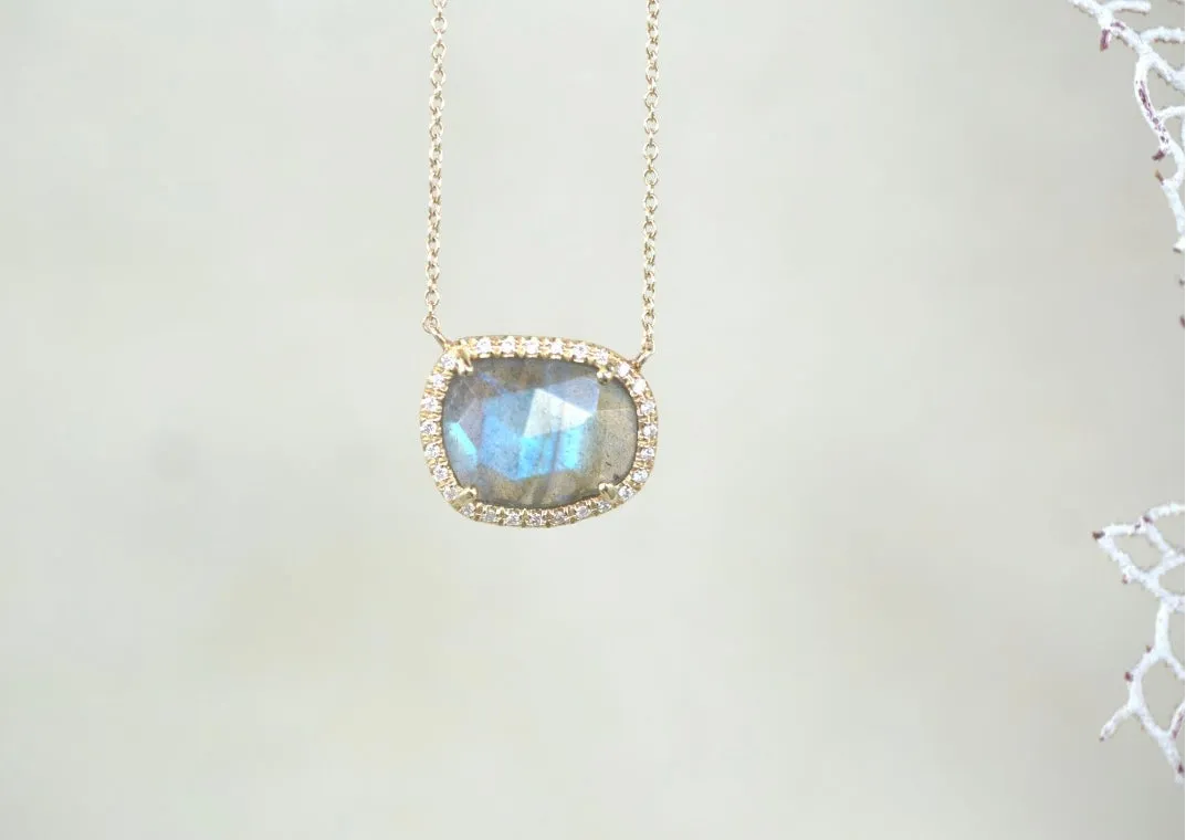 Labdradorite Slice with Diamond Halo Necklace