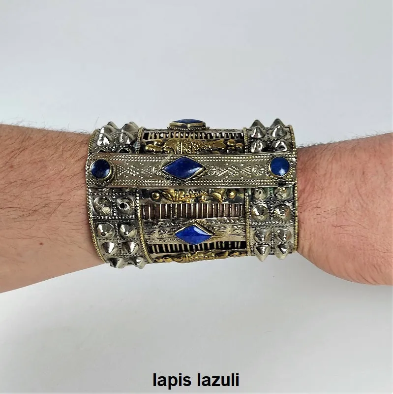 Large spiked cuff bracelet with colorful inlay