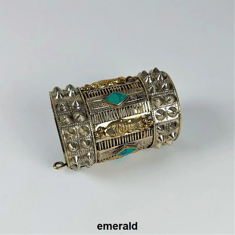 Large spiked cuff bracelet with colorful inlay