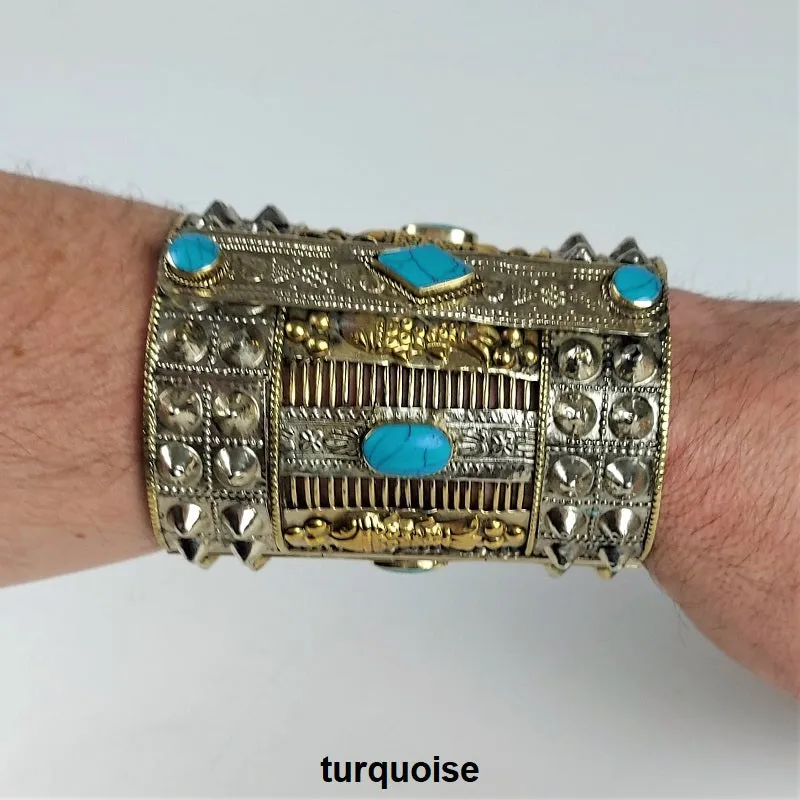 Large spiked cuff bracelet with colorful inlay