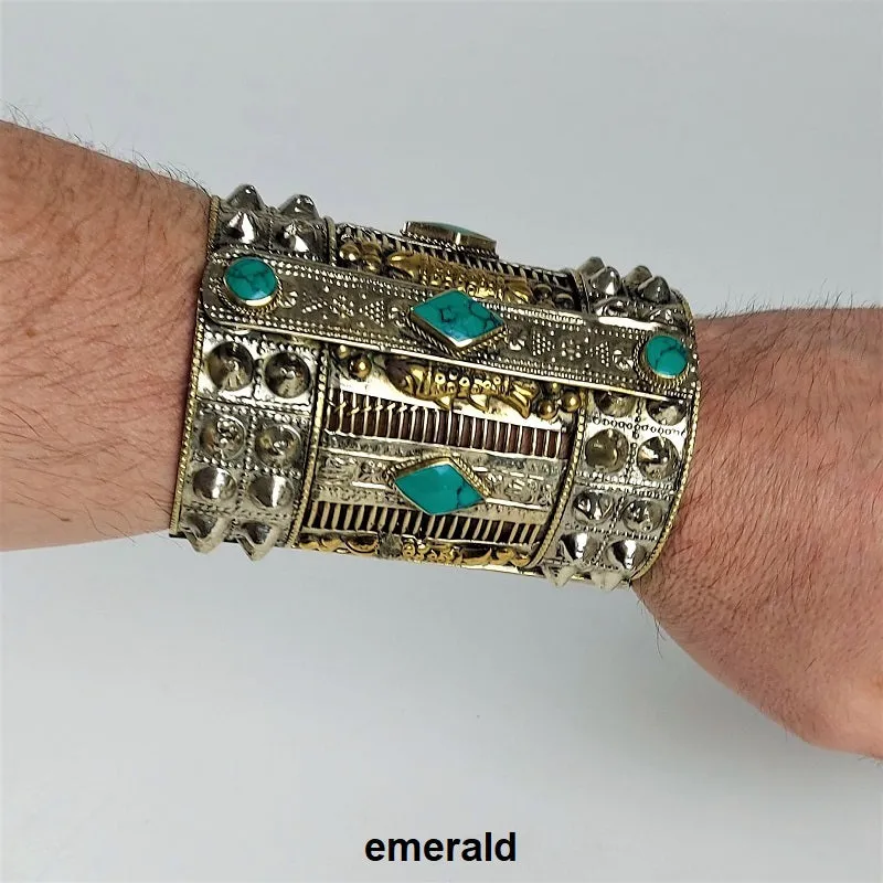 Large spiked cuff bracelet with colorful inlay