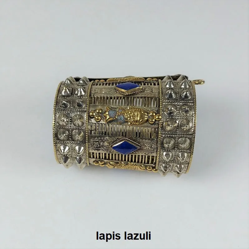 Large spiked cuff bracelet with colorful inlay