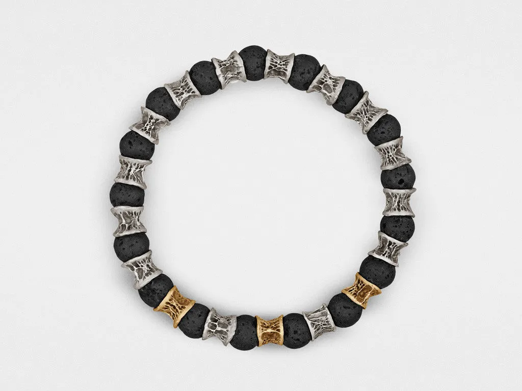 Lava Beads, Three Gold Links, Oxidized Sterling Silver Bracelet
