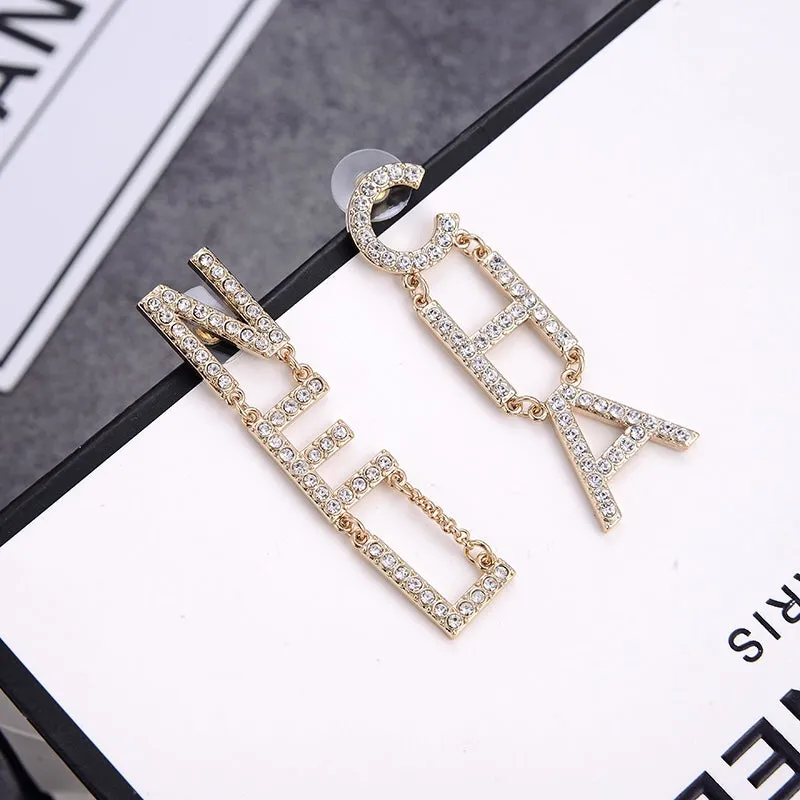 letter full rhinestone tassel earrings