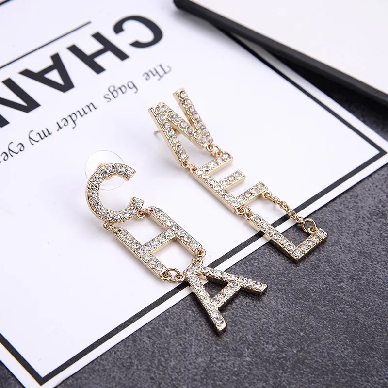 letter full rhinestone tassel earrings