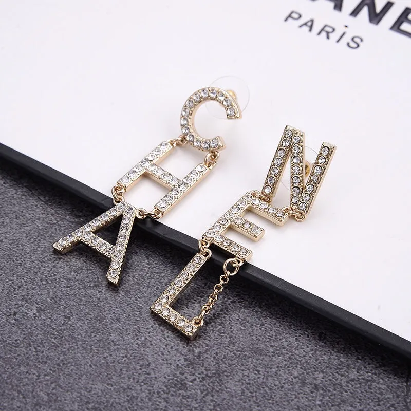 letter full rhinestone tassel earrings