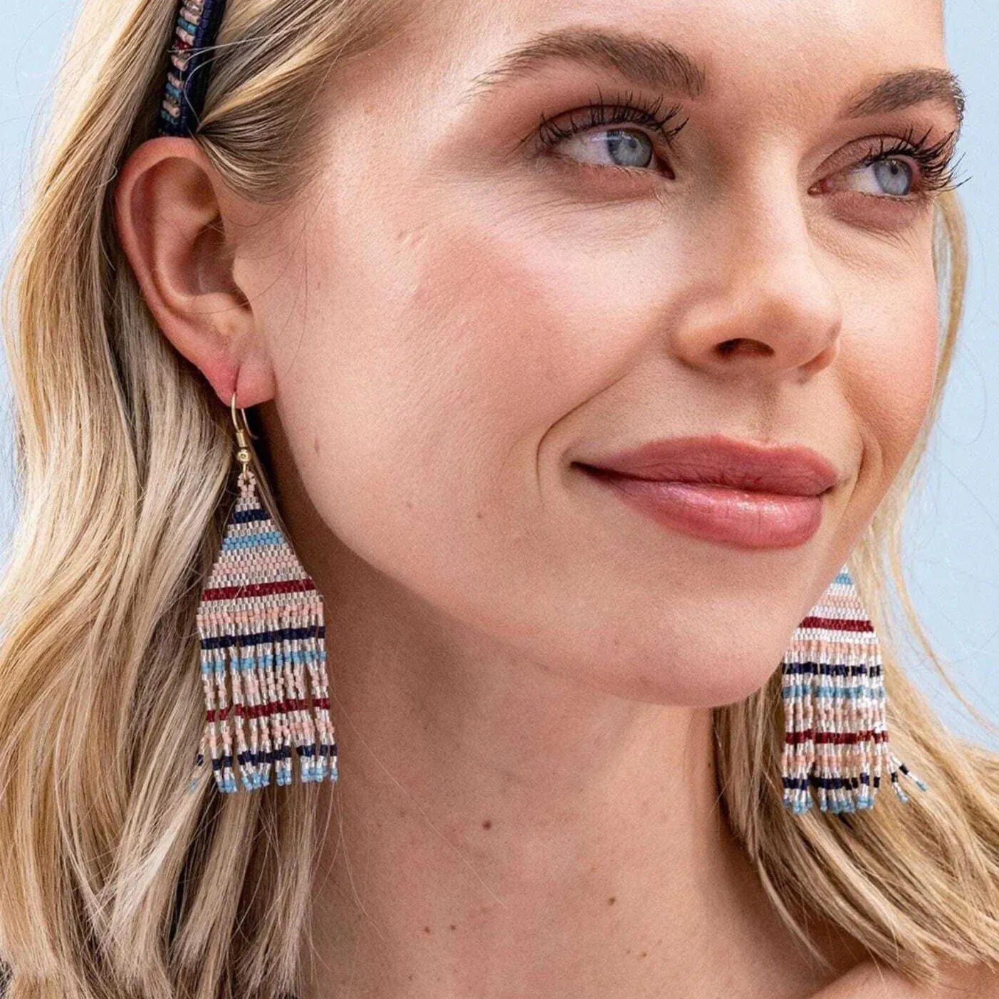 Lexie Horizontal Lines Beaded Fringe Earrings Silver
