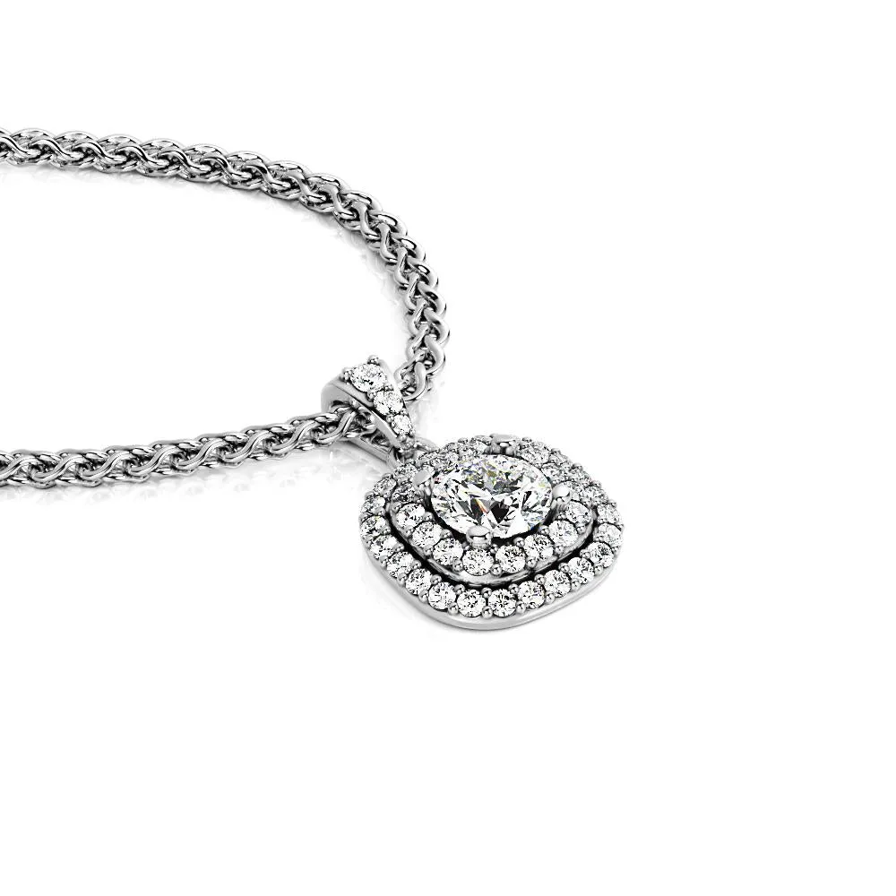 Light tunnel Natural Diamond Double Halo Pendant with a White Necklace