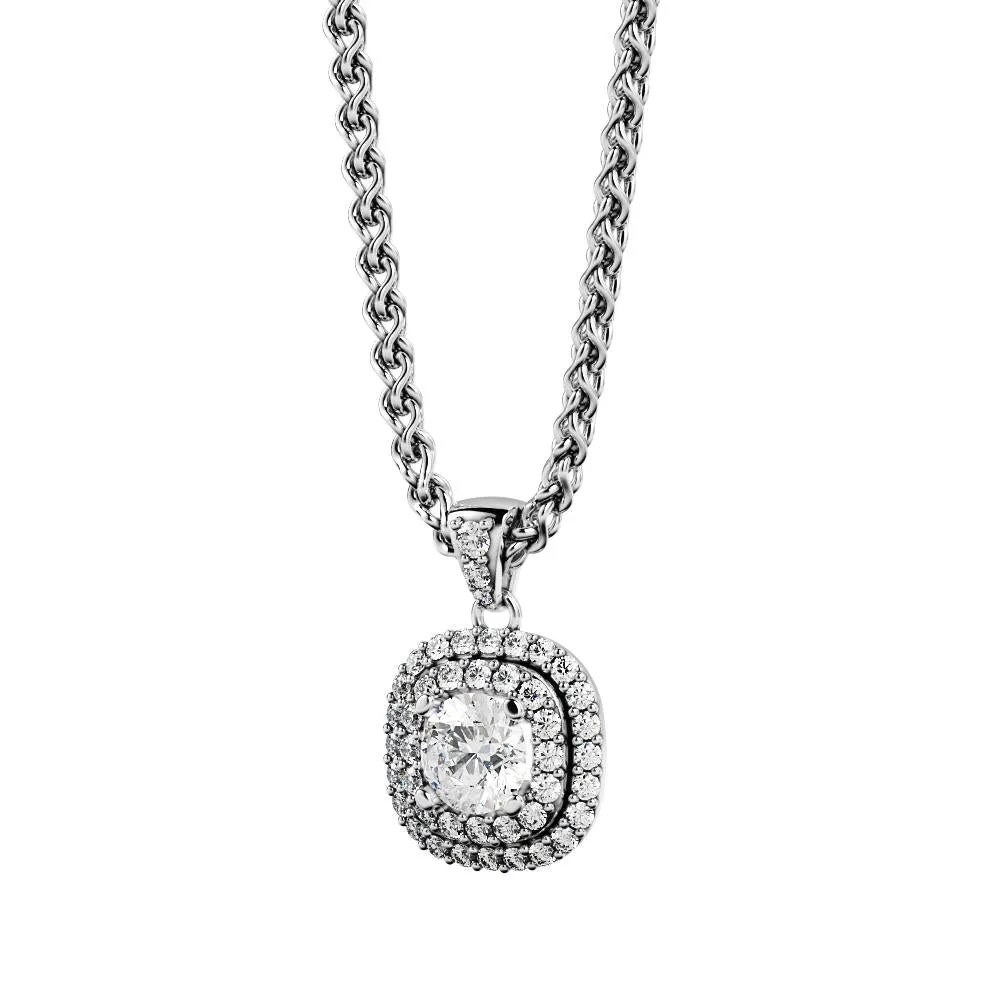 Light tunnel Natural Diamond Double Halo Pendant with a White Necklace