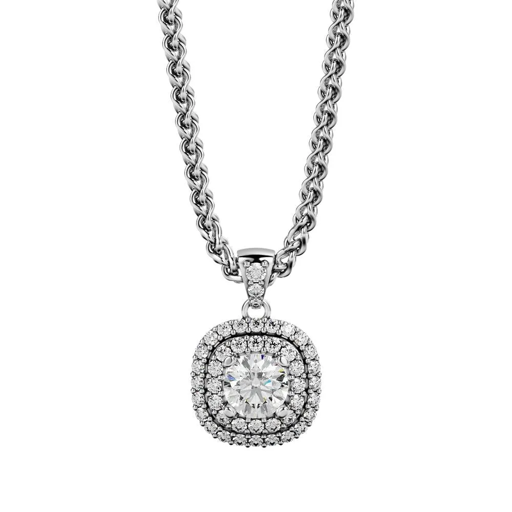 Light tunnel Natural Diamond Double Halo Pendant with a White Necklace