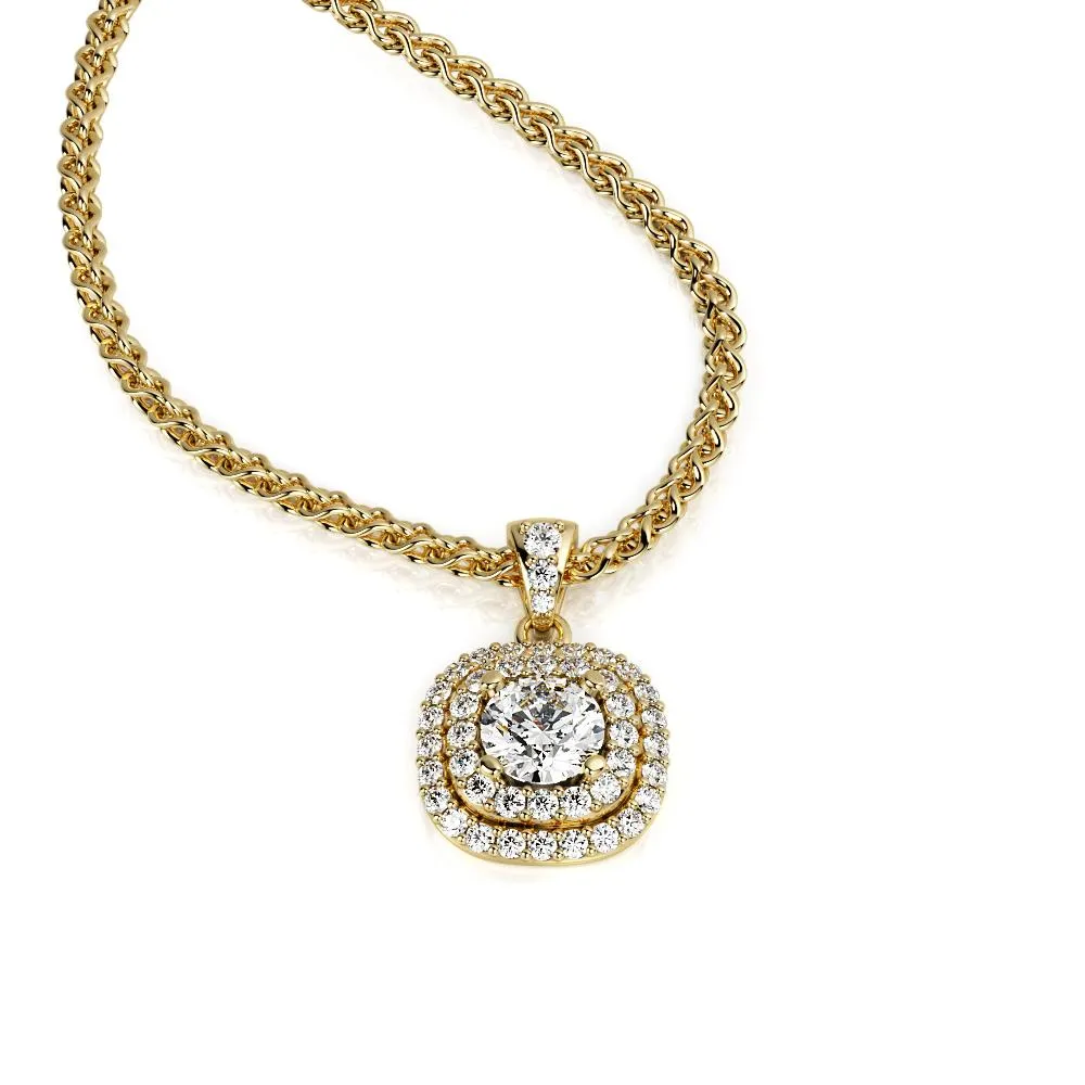 Light Tunnel Natural Diamond Double Halo Pendant with a Yellow Necklace