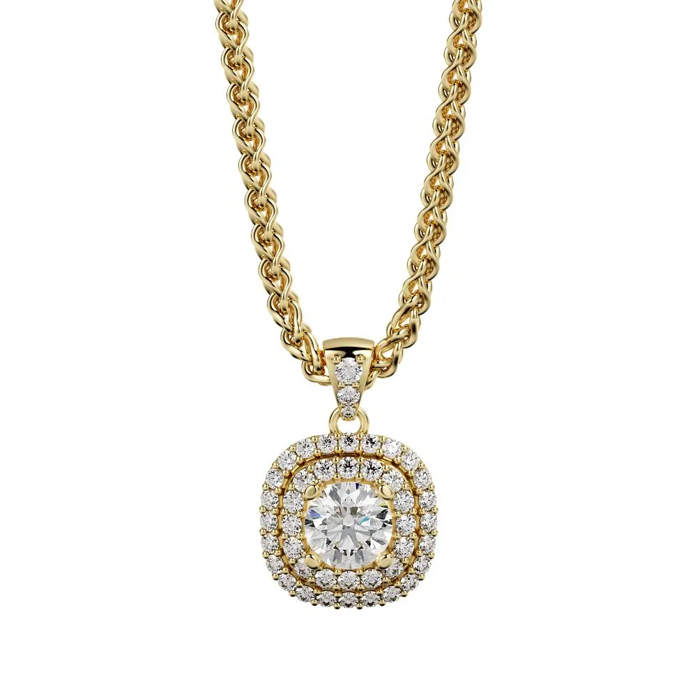 Light Tunnel Natural Diamond Double Halo Pendant with a Yellow Necklace