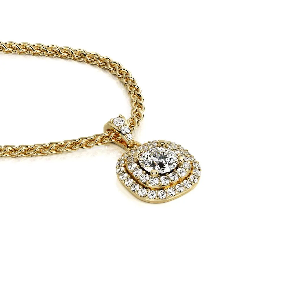 Light Tunnel Natural Diamond Double Halo Pendant with a Yellow Necklace