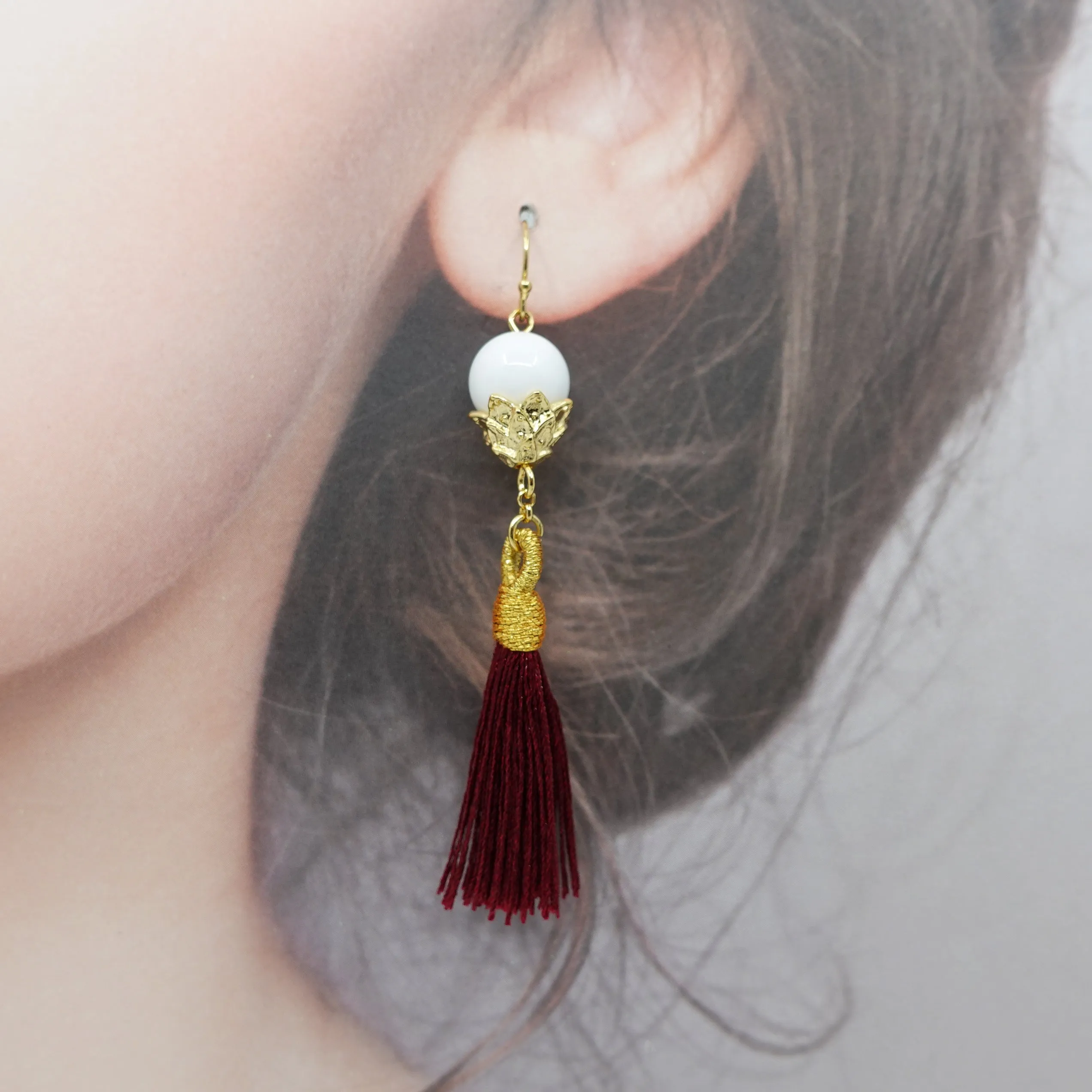 Little Lotus Silk Tassel Earrings - Red Brown
