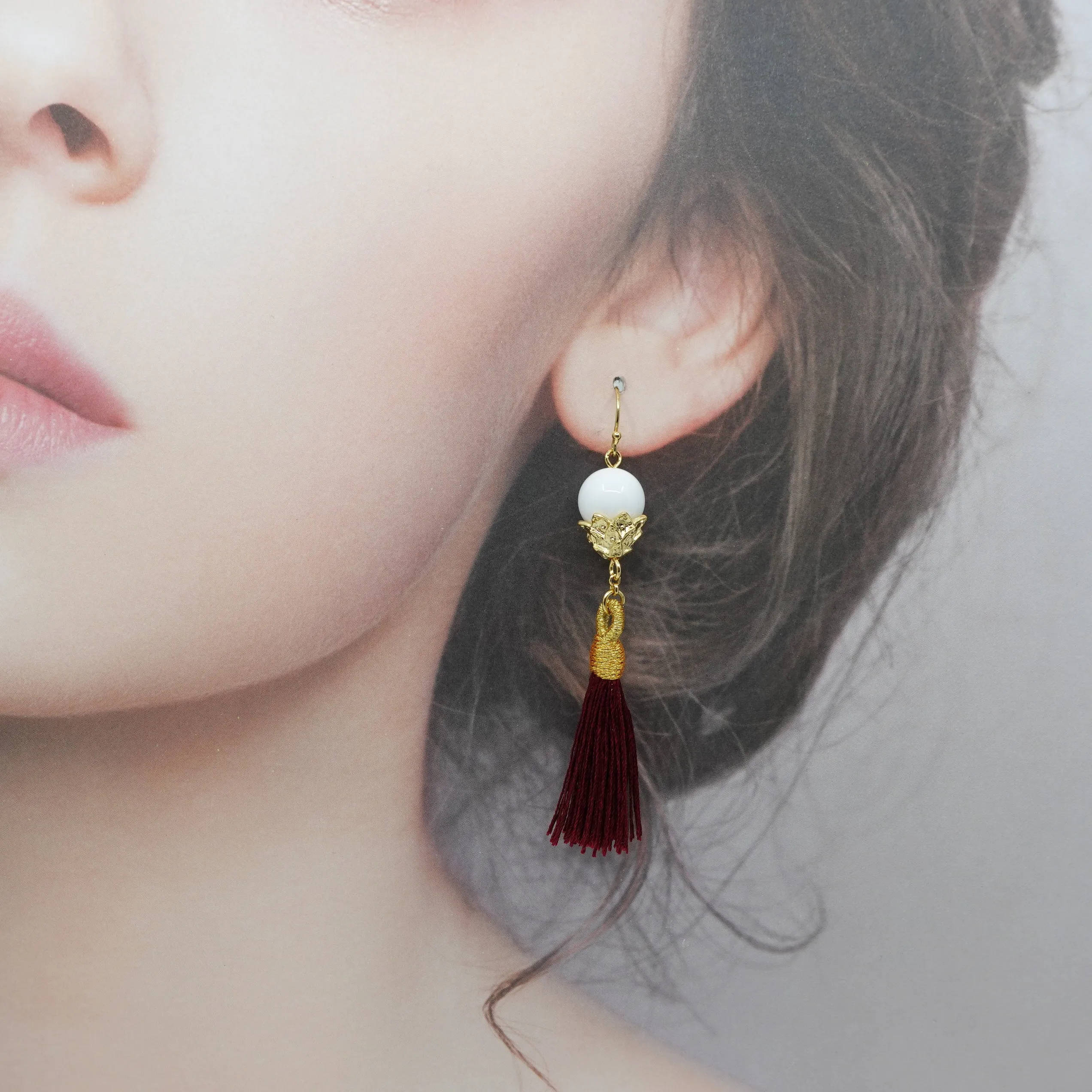 Little Lotus Silk Tassel Earrings - Red Brown
