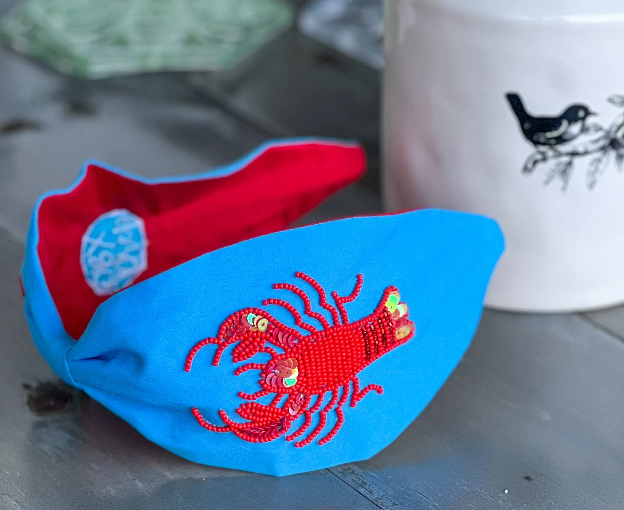 Lobster Seed Beaded Light Blue Turban Headband