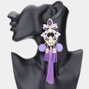 Long Fun Fashion Earrings with Purple Pom Pom and Tassel | Runway Earrings | 543467